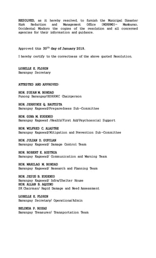 Bdrrm Resolution BRGY. 6 RESOLUTION NO. 07 Series of 2019 | DOCX