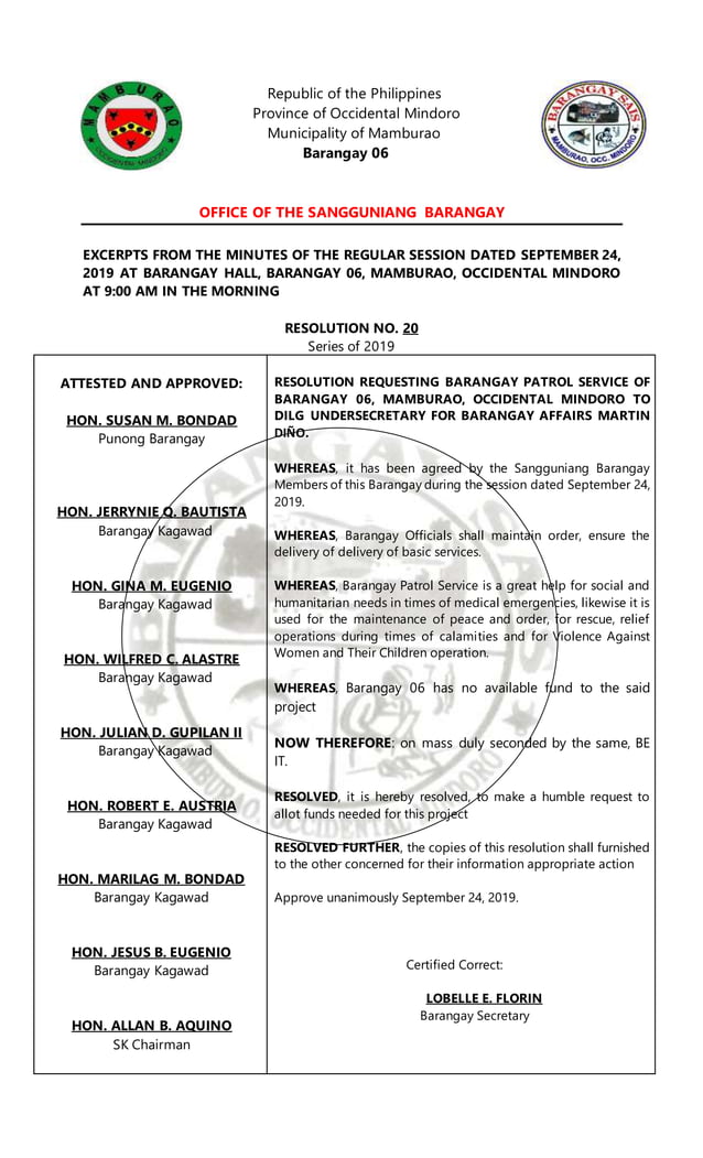 Brgy 6 resolution no 20 series of 2019 patrol vehicle request pdf