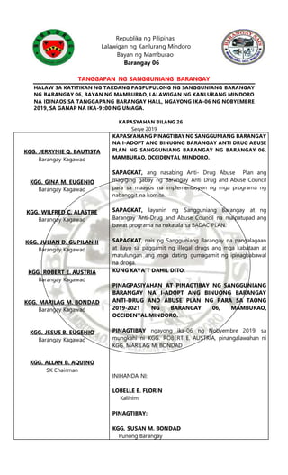 BRGY. 6 RESOLUTION NO. 26 Series of 2019 BADAC | DOCX