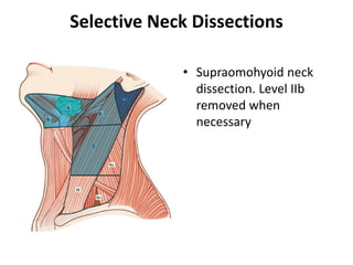 Lateral dissection
• It involves the excision
of levels II, III, and IV
(upper, middle, and
lower jugular lymph
nodes).
 