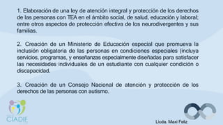 1. Elaboración de una ley de atención integral y protección de los derechos
de las personas con TEA en el ámbito social, de salud, educación y laboral;
entre otros aspectos de protección efectiva de los neurodivergentes y sus
familias.
2. Creación de un Ministerio de Educación especial que promueva la
inclusión obligatoria de las personas en condiciones especiales (incluya
servicios, programas, y enseñanzas especialmente diseñadas para satisfacer
las necesidades individuales de un estudiante con cualquier condición o
discapacidad.
3. Creación de un Consejo Nacional de atención y protección de los
derechos de las personas con autismo.
Licda. Maxi Feliz
 