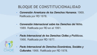 • Convención Americana de los Derechos Humanos. 1969.
Ratificada por RD 1978.
• Convención Internacional sobre los Derechos del Niño.
1989. Ratificada por RD en el 1991.
• Pacto Internacional de los Derechos Civiles y Políticos.
1966. Ratificada por RD 1977.
• Pacto Internacional de Derechos Económicos, Sociales y
Culturales. 1966. Ratificada por RD 1978.
BLOQUE DE CONSTITUCIONALIDAD
 