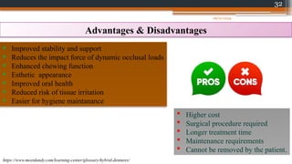 32
⁕ Improved stability and support
⁕ Reduces the impact force of dynamic occlusal loads
⁕ Enhanced chewing function
⁕ Esthetic appearance
⁕ Improved oral health
⁕ Reduced risk of tissue irritation
⁕ Easier for hygiene maintanance
Advantages & Disadvantages
 Higher cost
 Surgical procedure required
 Longer treatment time
 Maintenance requirements
 Cannot be removed by the patient.
https://www.meetdandy.com/learning-center/glossary/hybrid-dentures/
08/07/2024
 