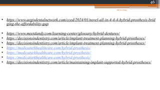 46
• https://www.aegisdentalnetwork.com/cced/2024/01/novel-all-in-4-4-4-hybrid-prosthesis-brid
ging-the-affordability-gap
• https://www.meetdandy.com/learning-center/glossary/hybrid-dentures/
• https://decisionsindentistry.com/article/implant-treatment-planning-hybrid-prostheses/
• https://decisionsindentistry.com/article/implant-treatment-planning-hybrid-prostheses/
• https://medicaturkhealthcare.com/hybrid-prosthesis/
• https://medicaturkhealthcare.com/hybrid-prosthesis/
• https://medicaturkhealthcare.com/hybrid-prosthesis/
• https://decisionsindentistry.com/article/maintaining-implant-supported-hybrid-prostheses/
08/07/2024
 