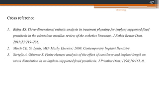 47
08/07/2024
Cross reference
1. Bidra AS. Three-dimensional esthetic analysis in treatment planning for implant-supported fixed
prosthesis in the edentulous maxilla: review of the esthetics literature. J Esthet Restor Dent.
2011;23:219–236.
2. Misch CE. St. Louis, MO: Mosby Elsevier; 2008. Contemporary Implant Dentistry
3. Sertgöz A, Güvener S. Finite element analysis of the effect of cantilever and implant length on
stress distribution in an implant-supported fixed prosthesis. J Prosthet Dent. 1996;76:165–9.
 