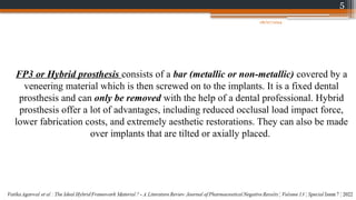 5
FP3 or Hybrid prosthesis consists of a bar (metallic or non-metallic) covered by a
veneering material which is then screwed on to the implants. It is a fixed dental
prosthesis and can only be removed with the help of a dental professional. Hybrid
prosthesis offer a lot of advantages, including reduced occlusal load impact force,
lower fabrication costs, and extremely aesthetic restorations. They can also be made
over implants that are tilted or axially placed.
08/07/2024
 