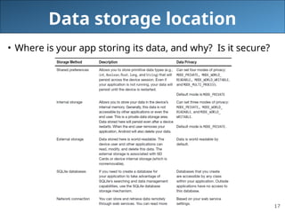 17
Data storage location
• Where is your app storing its data, and why? Is it secure?
 