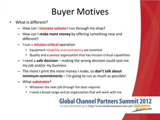 Buyer Motives
• What is different?
    – How can I increase volume I run through my shop?
    – How can I make more money by offering something new and
      different?
    – I run a mission critical operation
        • Equipment reliability and consistency are essential
        • Quality and a service organization that has mission-critical capabilities
    – I need a safe decision – making the wrong decision could cost me
      my job and/or my business
    – The more I print the more money I make, so don’t talk about
      minimum commitments – I’m going to run as much as possible!
    – What substrates?
        • Whatever the next job through the door requires
        • I need a broad range and an organization that will work with me
 