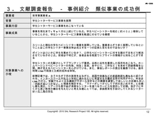 ３ .  文献調査報告　－ 事例紹介　類似事業の成功例 Copyright©  2010 SAL Research Project 100. All rights reserved. 事業者 保育事業業者 A 背景 学生シッターサービス事業を展開 事業内容 学生シッターサービス事業をおこなっている 事業成果 事業を現在まで 1 年 8 ヶ月以上続いている点。学生ベビーシッターを相応（約４０人）確保していることから、学生シッターサービス事業を軌道にのせている模様 対象事業への 示唆 スリールと類似の学生ベビーシッター事業を展開している。事業者Ａがうまく展開しているということはこの学生シッター事業自体は成立する一つの証拠と言えるのではないか？ ポイントは①いかに学生を集めているか？、②学生ベビーシッターに対する親の不安をどう解消させているかの２点。前者は不明だが、後者はある程度ウェブサイトの情報から知ることができる 学生シッターの先駆けとしてブランディング重視。品格と品性を重視した採用をおこなう。ホームページ上でベビーシッターの性格、特技（音楽、あやとり、工作など）を含めて詳細情報を公開。顔が見えるベビーシッターを心がけている。また、事後レポートの提出を義務づける。基本時間 1700 円程度と比較的低料金体制。 新聞記事では、女子大生が子供の面倒をみながら、 英語や体操などの家庭教師も兼ねる と紹介される。 インタースクールや私立小学校に通わせたいと希望する共働き世帯 の利用が中心。料金は 1785 円から。受験でもよく出る縄跳びやボール突きなどの課題を練習して欲しいとの依頼も多い。 「供給が追いつかない」 と増員を検討する。「マナーがしっかりして子供の良いお手本」と依頼し親も満足。ベアーズも歌や絵が得意なシッターを選べるサービスを提供して好調。我が子に早くから高い教育の機会を与えたいと考える親にとっては、家庭教育を手助けしてくれるシッターは 一石二鳥の存在 