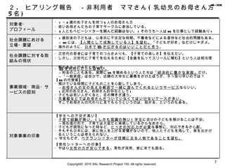 ２ .  ヒアリング報告　－非利用者　ママさん ( 乳幼児のお母さん方 5 名 ) Copyright©  2010 SAL Research Project 100. All rights reserved. 対象者・ プロフィール ・ 1 ～ 2 歳のお子さんを持つ 5 人のお母さん方 ・若いお母さんたちの子育てサークルに参加している。 ・ 5 人ともベビーシッターを頼んだ経験はない。 ( そのうち一人は BS を仕事として経験あり ) 社会課題における 立場・要望 ・ 1 歳前後の子どもは、心身共に不安定な時期。不審者などによる虐待など社会的問題もある。 　-> BS には、 【人間として成熟している人】を望む。 「子どもが好き」なだけじゃダメ。 ・海外のように、 日本で BS が広がるのはいいことだと思う 。 社会課題に対する取組みの現状 ・次世代の若者には子育てのつらさよりも、【子育ての楽しさ】を伝えたい。 ・しかし、次世代に子育てを伝えるために【金銭を払ってスリールに頼む】という人は相当理　　 　解のある人のみだと感じる。 事業領域・商品・サービスの認知 ・ BS を利用したことは無い。 　->料金のこともある。実際に BS を頼めるという人たちは 「経済的に豊かな家庭」 だけ。 　->「一般家庭」は自分で、近隣の大学生に募集をかけたほうが、手っ取り早いのでは？ 【 BS の代替案】 ・預けている時間に子どものことを心配してしまう。 　-> お母さんの目の見える範囲で一緒に遊んでくれるというサービス ならいい。 　 ( 近所のお兄さん、お姉さん的存在として ) ・子どもは若い人がくると、目の輝きが違う。 ・ 児童館などではお母さんがついていなくてはいけないケースが多い。 　そこでお母さんの代わりに見てもらうというのは、助かる、というのもある。 対象事業の印象 【学生への不安が高い】 ・ 子育て経験が無い、 ( しかも面識の無い ) 学生 に自分の子どもを預けることは不安。 　->現在進行形で、子育ては大変だと実感しているからなおさら。 ・子どもが病気になった時など、 とっさの対応力が必要 な事態に、対応できるか心配。 ・そもそも日本には、家に他人を上げる習慣がないので、他人と子どもを残して、家を出かけ 　るということは考えられない。 ⇒ 学生もだが、 ベテランシッターが信頼に足る人物であることを望む。 【男性シッターへの印象】 ・やはり 女性の方が安心できる 。男性が突然、家に来ても困る。 