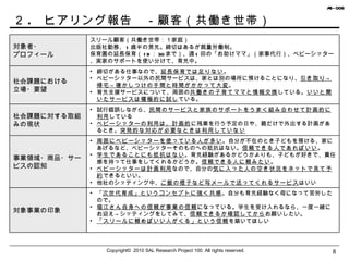 ２ .  ヒアリング報告　－顧客（共働き世帯） Copyright©  2010 SAL Research Project 100. All rights reserved. 対象者・ プロフィール スリール顧客（共働き世帯：１家庭） 出版社勤務、 1 歳半の男児。締切はあるが裁量労働制。 保育園の延長保育（ 19 ： 30 まで）、週 1 回の「お助けママ」（家事代行）、ベビーシッター、実家のサポートを使い分けて、育児中。 社会課題における 立場・要望 締切がある仕事なので、 延長保育では足りない 。 ベビーシッター以外の民間サービスは、家とは別の場所に預けることになり、 引き取り->帰宅->寝かしつけの手間と時間がかかって大変 。 育児支援サービスについて、周囲の 共働きの子育てママと情報交換 している。 いいと聞いたサービスは積極的に試し ている。 社会課題に対する取組みの現状 試行錯誤しながら、 民間のサービスと家族のサポートをうまく組み合わせて計画的に利用 している ベビーシッターの利用は、計画的 に残業を行う予定の日や、親だけで外出する計画があるとき。 突発的な対応が必要なときは利用していない 事業領域・商品・サービスの認知 周囲にベビーシッターを使っている人が多い 。自分が不在のとき子どもを預ける、家にあげるなど、ベビーシッターそのものへの抵抗はない。 信頼できる人であればいい 。 学生であることにも抵抗はない 。育児経験があるかどうかよりも、子どもが好きで、責任感を持って仕事をしてくれるかどうか。 信頼できる人に頼みたい 。 ベビーシッターは計画利用 なので、自分の 気に入った人の空き状況をネットで見て予約 できるといい。 他社のシッティング中、 ご飯の様子など写メールで送ってくれるサービス はいい 対象事業の印象 「 次世代育成」というコンセプトに強く共感 。自分も育児経験なく母になって苦労したので。 堀江さん自身への信頼が事業の信頼 になっている。学生を受け入れるなら、一度一緒にお迎え->シッティングをしてみて、 信頼できるか確認してから お願いしたい。 「スリールに頼めばいい人がくる」という信頼 を築いてほしい 