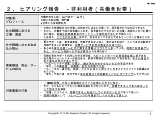 ２ .  ヒアリング報告　－非利用者（共働き世帯） Copyright©  2010 SAL Research Project 100. All rights reserved. 対象者・ プロフィール 共働き世帯 3 組（ 30 代後半～ 40 代） 夫婦とも総合職・専門職 3 世帯とも保育園利用 社会課題における 立場・要望 夫婦とも時間給以外の仕事（定時あがりはない仕事）で、保育園だけでは対応できない ただし、共働きで認可保育園に入れず、保育園だけでもかなりの出費。周囲の人だけに頼れない場合、 高額な民間事業者のサービスしか選択肢がない のが困りごと。 とは言え、 子どもの安全第一 なので、お金を払っても安心できるサービスしか頼みたくない 社会課題に対する取組みの現状 育児サポートは、まずは家族、信頼できる友人知人、またはその紹介、という身近な範囲で信頼できる人に依頼する。 民間サービス利用は最後の手段に近い あらゆる 育児支援サービスに関する情報は口コミで入手 している。 周囲に利用者がいると、サービス利用への不安が解消 される傾向あり 事業領域・商品・サービスの認知 民間の育児サポート利用に対する受容度、 ベビーシッターへの受容度は個人差 がある 乳児期のベビーシッターは抵抗あり。病気や事故などの対応に不安がある。 本人の育児不安と重なる部分がありそう 。 「ベビーシッター派遣」は 高い、誰が来るかわからないなどの不安 がある 「学生」への 責任感、信頼感、対応力の面で不安 。 一方、「学生」は 元気、素直、子どもと楽しく遊んでくれる というメリットも認識はされている。 「学生」であれば、乳児でなく ある程度以上の年齢の子どもとマッチング した方がいい 対象事業の印象 「 OBOG 訪問」の受入家庭側のメリットは感じられていない 。 ただ、子どもにとってもいい関係を築けた方がいいので 、信頼できる人であれば友人として話をする 感覚 「派遣」というより、 信頼できる人を紹介してくれるサービス であってほしい 信頼の根拠 として、 トレーニングの中身までしっかり見せてほしい 