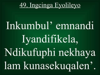 49. Ingcinga Eyolileyo


 Inkumbul’ emnandi
    Iyandifikela,
Ndikufuphi nekhaya
lam kunasekuqalen’.
 