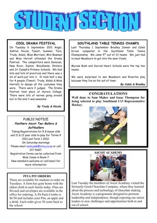 COOL DRAMA FESTIVAL                           SOUTHLAND TABLE TENNIS CHAMPS
On Tuesday 6 September 2011 Angel,             Last Thursday 1 September Bradley Jenner and Caleb
Ashton, Nicole, Tamati, Summer, Tara,          Driver competed in the Southland Table Tennis
Trudy, Kaleb, Miss Morrison, Mrs Bowman        Championship. We came 5th out of 21 teams. We just had
and Miss Horrell attended the Drama            to beat Mossburn to get into the semi-finals.
Festival. The competitors were Donovan,
New River, Dipton, Woodlands, Otatara          Myross Bush and Sacred Heart Schools were the top two
and St Joseph’s Primary Schools. We had        teams.
lots and lots of practices and there was a
lot of work put into it. It took half a day    We were surprised to see Mossburn and Riverton play
for 4 people (Tamati, Trudy, Kaleb & Miss      because they live so far out of town.
Horrell) to design all the costumes they                                             By Caleb & Bradley
wore. There were 2 judges. The Drama
Festival took place at Aurora College.
There were lots of nerves going around
                                                            CONGRATULATIONS
but in the end it was awesome.
                                               Well done to Sam Maher and Isaac Thompson for
                                               being selected to play Southland U13 Representative
                      By Trudy & Nicole.
                                               Hockey.



           PUBLIC NOTICE
    Panthers Ascot Tee-Ballers &
             Softballers
 Taking Registrations for 5 & 6year olds
and 11 & 12 year olds to play for Terms 4
          2011 and Term 1 2012.
          On Saturday mornings
Please email rachcade@xtra.co.nz or call
                217-5687.
Registration forms can be collected from                        ASCOT ACADEMY
          Miss Jones in Room 7
 New members welcome or call/email for
            more information



            PITA PIT ORDERS
These are available for students to order on
Tuesdays. A form has gone home with the        Last Tuesday the members of Ascot Academy visited the
eldest child in each family today. Pitas are   Seriously Good Chocolate Company, where they learned
$4 each and envelopes are available in the     about the process and technology of chocolate making.
office for ordering. A Pit Pack Combo is       Ascot Academy is a programme designed to promote
$6:50 and includes your Pita, an apple and     leadership and independence, though exposing our senior
a drink. Each order gives 50 cents back to     leaders to new challenges and opportunities both in and
the school.                                    out of school.
 