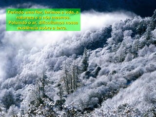 Ferindo uma flor, ferimos a vida, a natureza e a nós mesmos. Poluindo o ar, dificultamos nossa existência sobre a terra.  