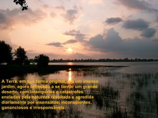 A Terra, em sua forma original, era um imenso jardim, agora arriscado a se tornar um grande deserto, com intempéries e catástrofes enviadas pela natureza revoltada e agredida diariamente por insensatos, inconscientes, gananciosos e irresponsáveis. 