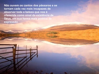 Não ouvem os cantos dos pássaros e se tornam cada vez mais incapazes de absorver toda a beleza que nos é oferecida como sinal da existência de Deus, em sua forma mais poética de expressão. 