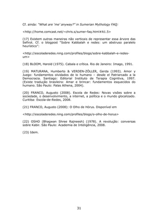 Cf. ainda: “What are ‘me’ anyway?” in Sumerian Mythology FAQ:

<http://home.comcast.net/~chris.s/sumer-faq.html#A1.5>

(17) Existem outras maneiras não verticais de representar essa árvore das
Sefirot. Cf. o blogpost “Sobre Kabbalah e redes: um abstruso paralelo
heurístico”:

<http://escoladeredes.ning.com/profiles/blogs/sobre-kabbalah-e-redes-
um>

(18) BLOOM, Harold (1975). Cabala e crítica. Rio de Janeiro: Imago, 1991.

(19) MATURANA, Humberto & VERDEN-ZÖLLER, Gerda (1993). Amor y
Juego: fundamentos olvidados de lo humano – desde el Patriarcado a la
Democracia. Santiago: Editorial Instituto de Terapia Cognitiva, 1997.
(Existe tradução brasileira: Amar e brincar: fundamentos esquecidos do
humano. São Paulo: Palas Athena, 2004).

(20) FRANCO, Augusto (2008). Escola de Redes: Novas visões sobre a
sociedade, o desenvolvimento, a internet, a política e o mundo glocalizado.
Curitiba: Escola-de-Redes, 2008.

(21) FRANCO, Augusto (2008): O Olho de Hórus. Disponível em

<http://escoladeredes.ning.com/profiles/blogs/o-olho-de-horus>

(22) OSHO (Bhagwan Shree Rajneesh) (1978). A revolução: conversas
sobre Kabir. São Paulo: Academia de Inteligência, 2008.

(23) Idem.




                                    31
 