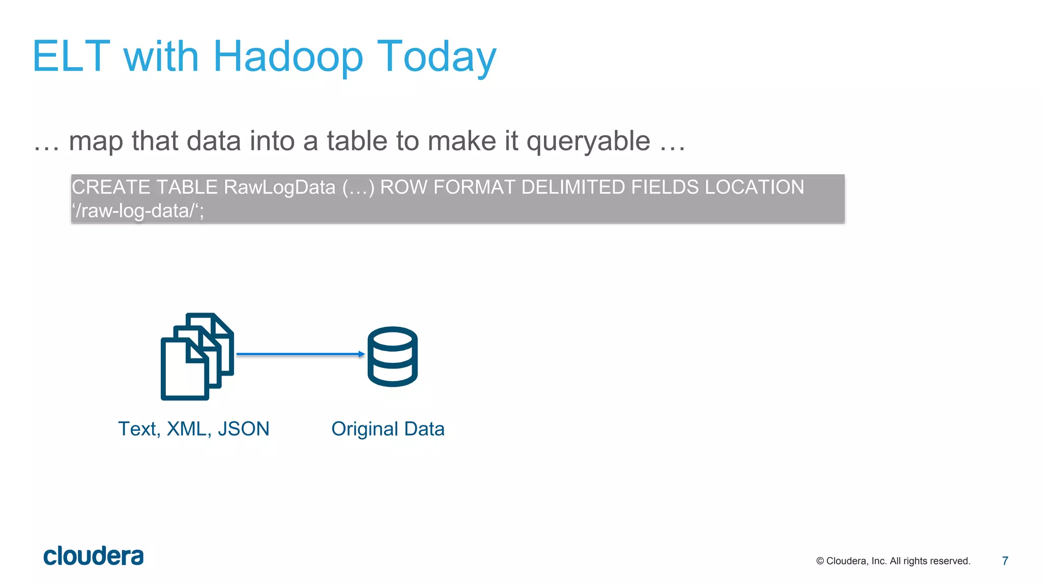 © Cloudera, Inc. All rights reserved.
… map that data into a table to make it queryable …
Text, XML, JSON Original Data
CREATE TABLE RawLogData (…) ROW FORMAT DELIMITED FIELDS LOCATION
‘/raw-log-data/‘;
ELT with Hadoop Today
7
 