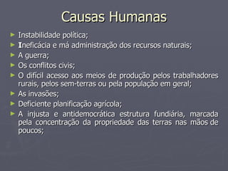 Causas Humanas Instabilidade política; I neficácia e má administração dos recursos naturais; A guerra;   Os conflitos civis;   O difícil acesso aos meios de produção pelos trabalhadores rurais, pelos sem-terras ou pela população em geral; As invasões; Deficiente planificação agrícola; A injusta e antidemocrática estrutura fundiária, marcada pela concentração da propriedade das terras nas mãos de poucos; 