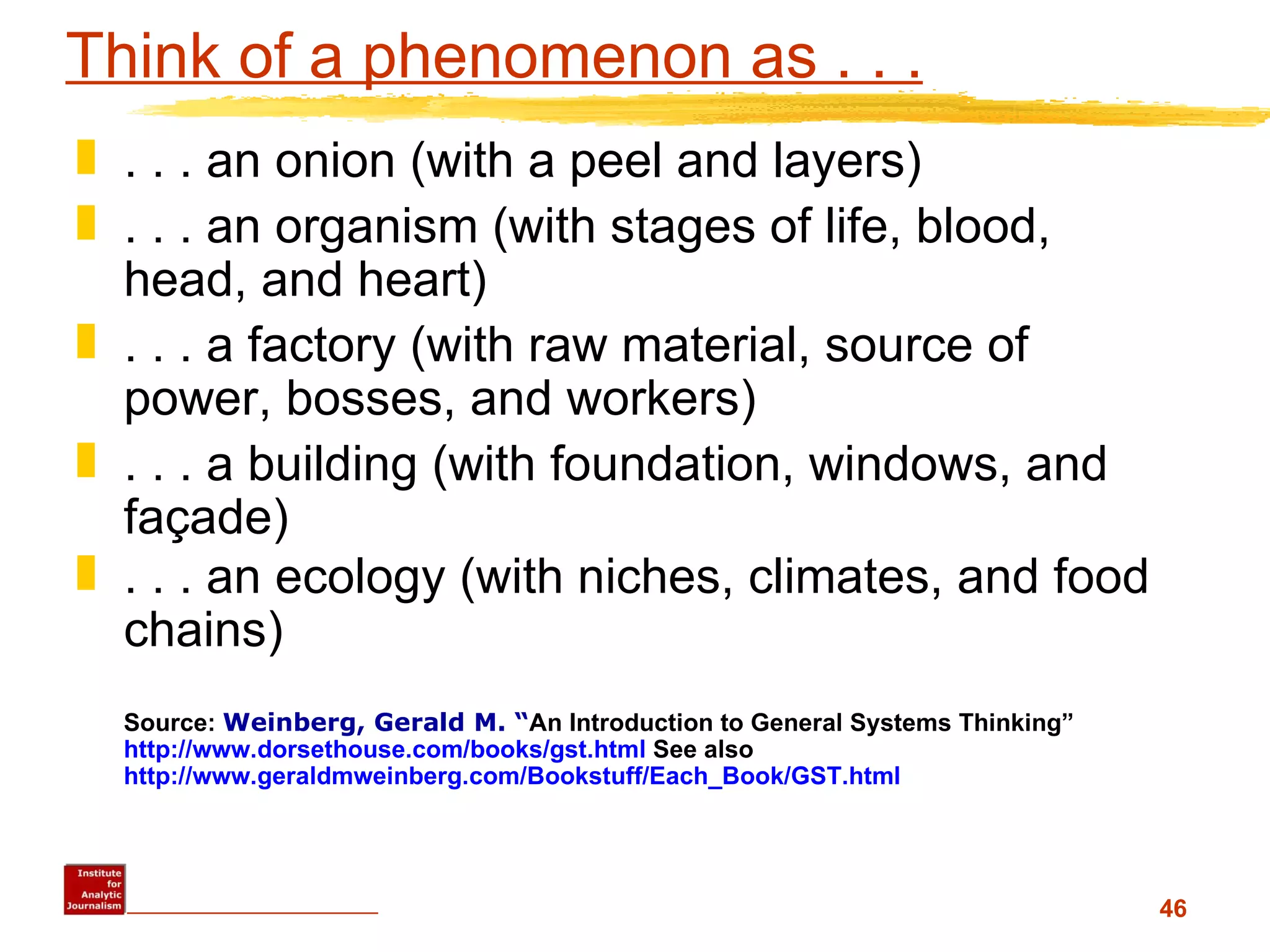Think of a phenomenon as . . . . . . an onion (with a peel and layers)  . . . an organism (with stages of life, blood, head, and heart) . . . a factory (with raw material, source of power, bosses, and workers) . . . a building (with foundation, windows, and façade) . . . an ecology (with niches, climates, and food chains)   Source:  Weinberg, Gerald M. “ An Introduction to General Systems Thinking”  http://www.dorsethouse.com/books/gst.html  See also  http://www.geraldmweinberg.com/Bookstuff/Each_Book/GST.html   