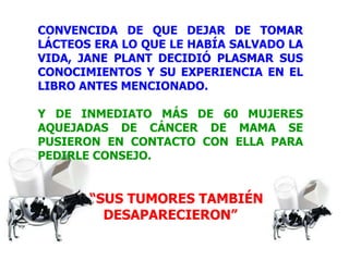 CONVENCIDA DE QUE DEJAR DE TOMAR LÁCTEOS ERA LO QUE LE HABÍA SALVADO LA VIDA, JANE PLANT DECIDIÓ PLASMAR SUS CONOCIMIENTOS Y SU EXPERIENCIA EN EL LIBRO ANTES MENCIONADO.  Y DE INMEDIATO MÁS DE 60 MUJERES AQUEJADAS DE CÁNCER DE MAMA SE PUSIERON EN CONTACTO CON ELLA PARA PEDIRLE CONSEJO. “ SUS TUMORES TAMBIÉN  DESAPARECIERON” 
