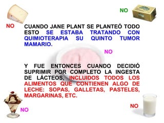 CUANDO JANE PLANT SE PLANTEÓ TODO ESTO  SE ESTABA TRATANDO CON QUIMIOTERAPIA SU QUINTO TUMOR MAMARIO. Y FUE ENTONCES CUANDO DECIDIÓ SUPRIMIR POR COMPLETO LA INGESTA DE LÁCTEOS,  INCLUIDOS TODOS LOS ALIMENTOS QUE CONTIENEN ALGO DE LECHE: SOPAS, GALLETAS, PASTELES, MARGARINAS, ETC. NO NO NO NO NO 