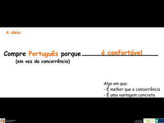 A ideia: Algo em que: É melhor que a concorrência É uma vantagem concreta  Compre  Português  porque é confortável (em vez da concorrência) 