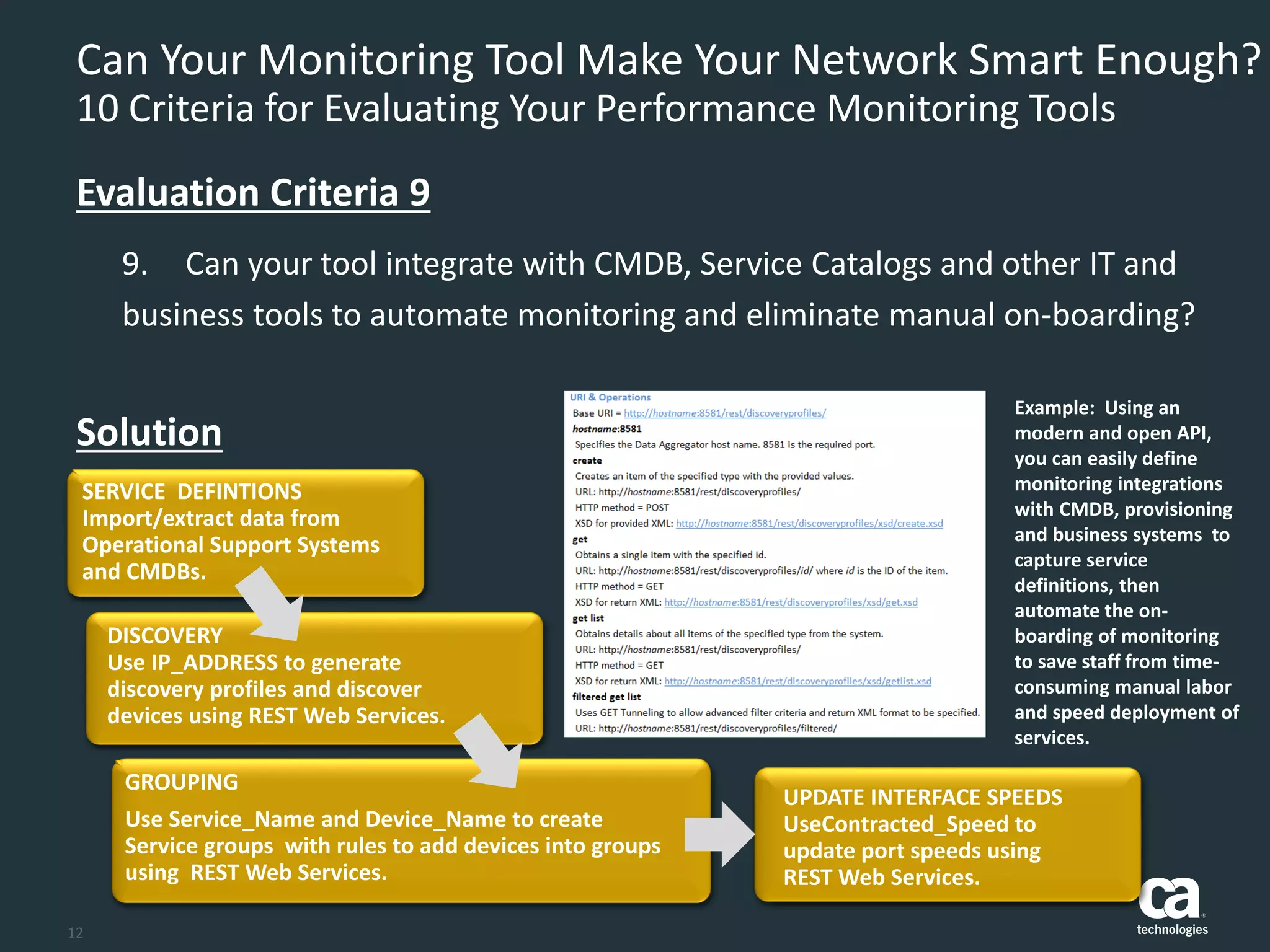 12
Can Your Monitoring Tool Make Your Network Smart Enough?
10 Criteria for Evaluating Your Performance Monitoring Tools
9. Can your tool integrate with CMDB, Service Catalogs and other IT and
business tools to automate monitoring and eliminate manual on-boarding?
Evaluation Criteria 9
Solution
Example: Using an
modern and open API,
you can easily define
monitoring integrations
with CMDB, provisioning
and business systems to
capture service
definitions, then
automate the on-
boarding of monitoring
to save staff from time-
consuming manual labor
and speed deployment of
services.
DISCOVERY
Use IP_ADDRESS to generate
discovery profiles and discover
devices using REST Web Services.
GROUPING
Use Service_Name and Device_Name to create
Service groups with rules to add devices into groups
using REST Web Services.
UPDATE INTERFACE SPEEDS
UseContracted_Speed to
update port speeds using
REST Web Services.
SERVICE DEFINTIONS
Import/extract data from
Operational Support Systems
and CMDBs.
 