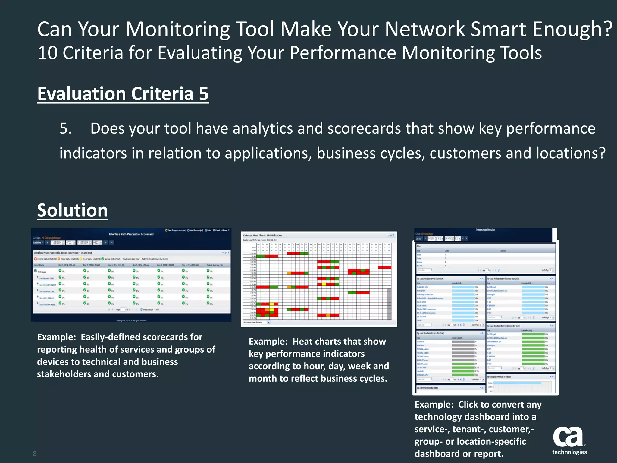 8
Can Your Monitoring Tool Make Your Network Smart Enough?
10 Criteria for Evaluating Your Performance Monitoring Tools
5. Does your tool have analytics and scorecards that show key performance
indicators in relation to applications, business cycles, customers and locations?
Evaluation Criteria 5
Solution
Example: Easily-defined scorecards for
reporting health of services and groups of
devices to technical and business
stakeholders and customers.
Example: Heat charts that show
key performance indicators
according to hour, day, week and
month to reflect business cycles.
Example: Click to convert any
technology dashboard into a
service-, tenant-, customer,-
group- or location-specific
dashboard or report.
 
