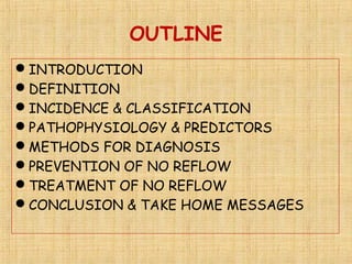 OUTLINE
INTRODUCTION
DEFINITION
INCIDENCE & CLASSIFICATION
PATHOPHYSIOLOGY & PREDICTORS
METHODS FOR DIAGNOSIS
PREVENTION OF NO REFLOW
TREATMENT OF NO REFLOW
CONCLUSION & TAKE HOME MESSAGES
 