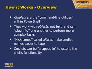 How it Works - Overview Cmdlets  are the  “command-line utilities” within PowerShell They work with  objects,  not text, and can  “plug into” one another to perform more complex tasks “ Nicknames” called  aliases  make cmdlet names easier to type Cmdlets can be  “snapped in” to extend the shell’s functionality 