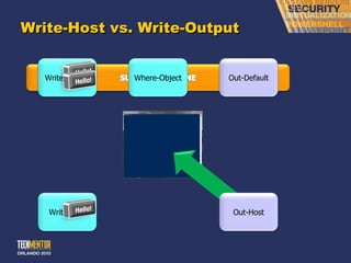 Write-Host vs. Write-Output Write-Output Out-Default Write-Host Out-Host Where-Object 