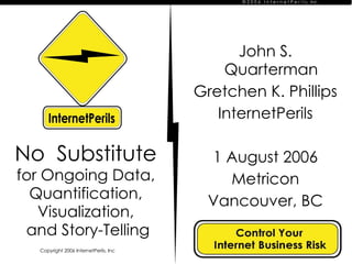 No  Substitute for Ongoing Data, Quantification, Visualization, and Story-Telling John S. Quarterman Gretchen K. Phillips InternetPerils 1 August 2006 Metricon Vancouver, BC 