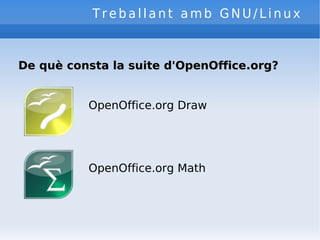 Treballant amb GNU/Linux De què consta la suite d'OpenOffice.org? OpenOffice.org Draw OpenOffice.org Math 