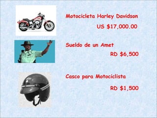 Motocicleta Harley Davidson US $17,000.00 Sueldo de un Amet RD $6,500 Casco para Motociclista RD $1,500 