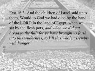Exo 16:3  And the children of Israel said unto them, Would to God we had died by the hand of the LORD in the land of Egypt, when we sat by the flesh pots,  and when we did eat bread to the full; for ye have brought us forth into this wilderness, to kill this whole assembly with hunger.  