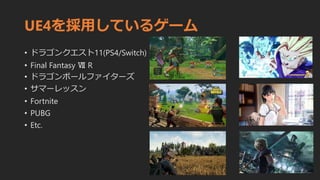 UE4を採用しているゲーム
• ドラゴンクエスト11(PS4/Switch)
• Final Fantasy Ⅶ R
• ドラゴンボールファイターズ
• サマーレッスン
• Fortnite
• PUBG
• Etc.
 