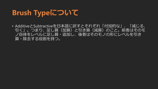 Brush Typeについて
• AdditiveとSubtractiveを日本語に訳すとそれぞれ「付加的な」、「減じる、
引く」。つまり、足し算（加算）と引き算（減算）のこと。前者はそのモ
ノ自体をレベルに足し算・追加し、後者はそのモノの形にレベルを引き
算・除去する役割を持つ。
 