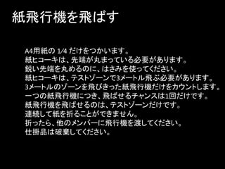紙飛行機を飛ばす

A4用紙の 1⁄4 だけをつかいます。
紙ヒコーキは、先端が丸まっている必要があります。
鋭い先端を丸めるのに、はさみを使ってください。
紙ヒコーキは、テストゾーンで3メートル飛ぶ必要があります。
3メートルのゾーンを飛びきった紙飛行機だけをカウントします。
一つの紙飛行機につき、飛ばせるチャンスは1回だけです。
紙飛行機を飛ばせるのは、テストゾーンだけです。
連続して紙を折ることができません。
折ったら、他のメンバーに飛行機を渡してください。
仕掛品は破棄してください。
 