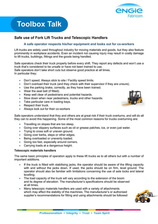 TOOLBOX TALK safe use of lift trucks and telehandlers PDF