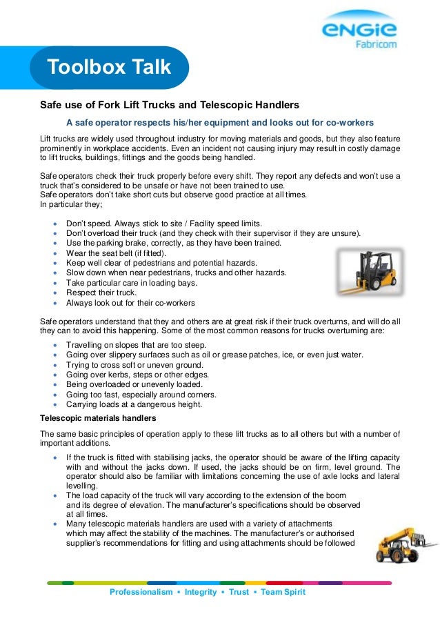 Toolbox Talk Safe Use Of Lift Trucks And Telehandlers