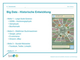Big Data - Historische Entwicklung
- Welle 1 – Large Scale Science:
• CERN – Hochenergiephysik
• Astrophysik
• Bioinformatik
- Welle 2 – Webfirmen Suchmaschinen
• Google, yahoo
• E-commerce
• Amazon, eBay
- Welle 3 – Soziale Netzwerke
• Facebook, Twitter, LinkedIn
- Welle 4 – ?
Präsentationstitel Name, Abteilung20
 