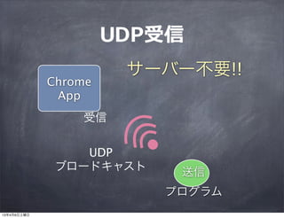 UDP受信
                       サーバー不要!!
             Chrome
              App
                 受信


                 UDP
              ブロードキャスト    送信
                         プログラム
13年4月6日土曜日
 