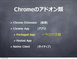 Chromeのアドオン類

             Chrome Extension    (拡張)

             Chrome App         (アプリ)

               Packaged App       ←今日の主題
               Hosted App

             Native Client      (ネイティブ)



13年4月6日土曜日
 