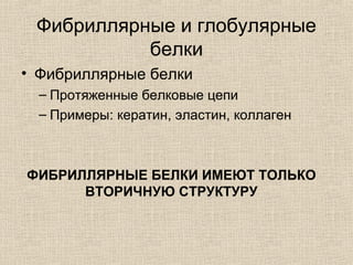 Фибриллярные и глобулярные
белки
• Фибриллярные белки
– Протяженные белковые цепи
– Примеры: кератин, эластин, коллаген
ФИБРИЛЛЯРНЫЕ БЕЛКИ ИМЕЮТ ТОЛЬКО
ВТОРИЧНУЮ СТРУКТУРУ
 