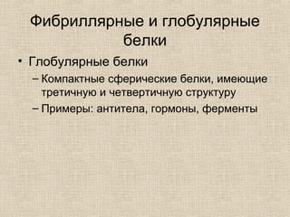 • Глобулярные белки
– Компактные сферические белки, имеющие
третичную и четвертичную структуру
– Примеры: антитела, гормоны, ферменты
Фибриллярные и глобулярные
белки
 