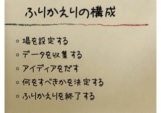 ふりかえりの構成
場を設定する
データを収集する
アイディアをだす
何をすべきかを決定する
ふりかえりを終了する
 