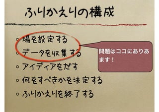 ふりかえりの構成
場を設定する
データを収集する
アイディアをだす
何をすべきかを決定する
ふりかえりを終了する
問題はココにありあ
ます！
 