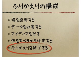 ふりかえりの構成
場を設定する
データを収集する
アイディアをだす
何をすべきかを決定する
ふりかえりを終了する
 
